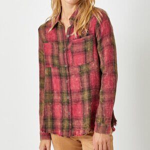 MYSTREE Plaid Button-Up Flannel Shirt, Red Olive Check Long Sleeve Top